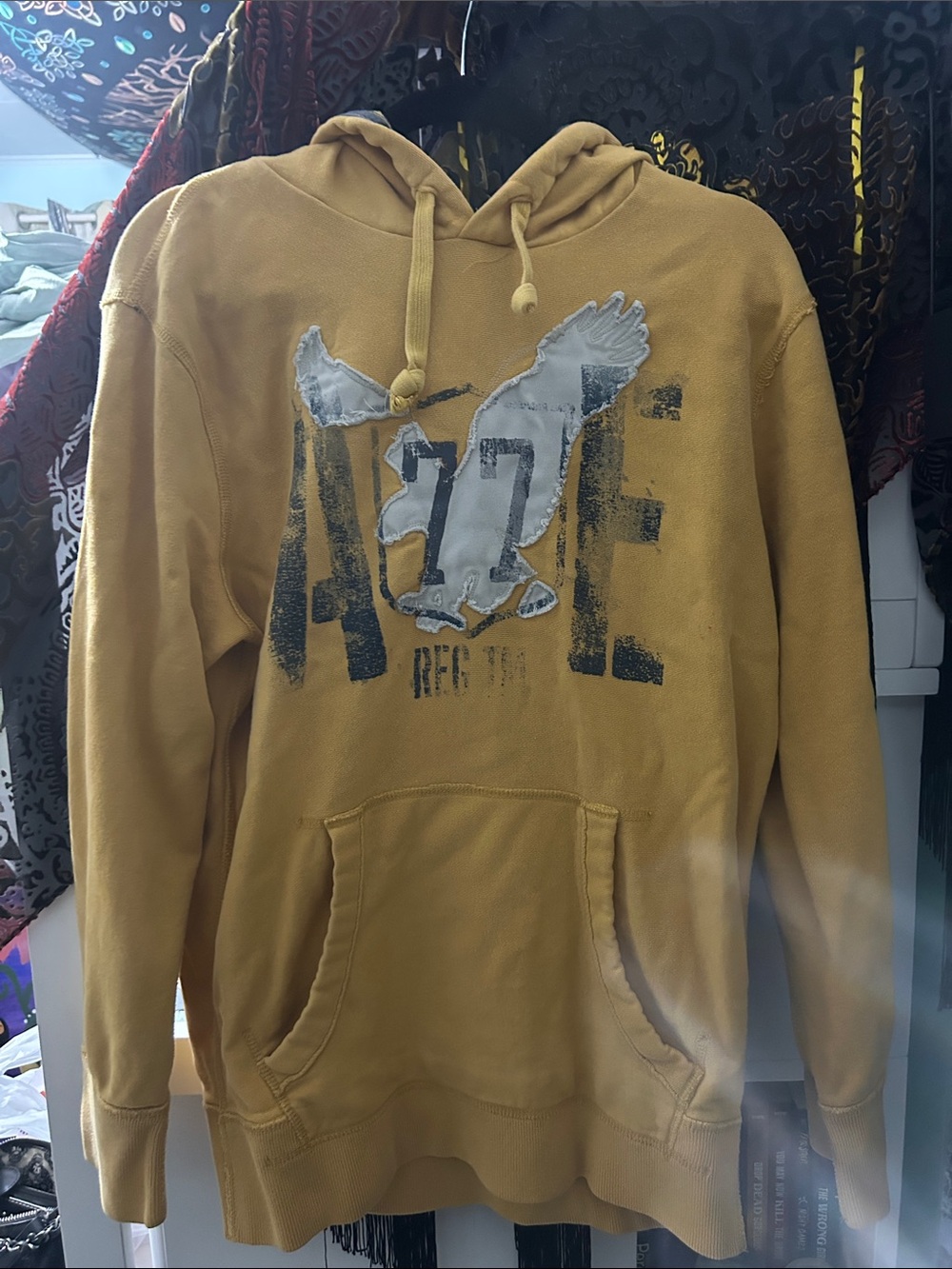 American Eagle Outfitters Mustard Pullover Hoodie with Eagle Graphic